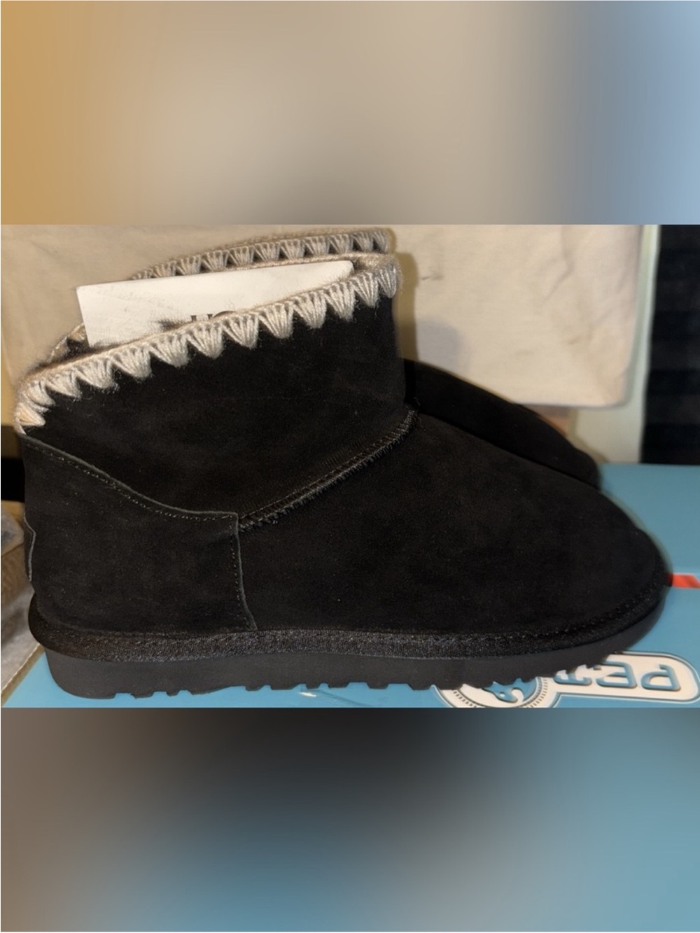 UGG Black Suede Ankle Booties with Contrast Shearling Trim